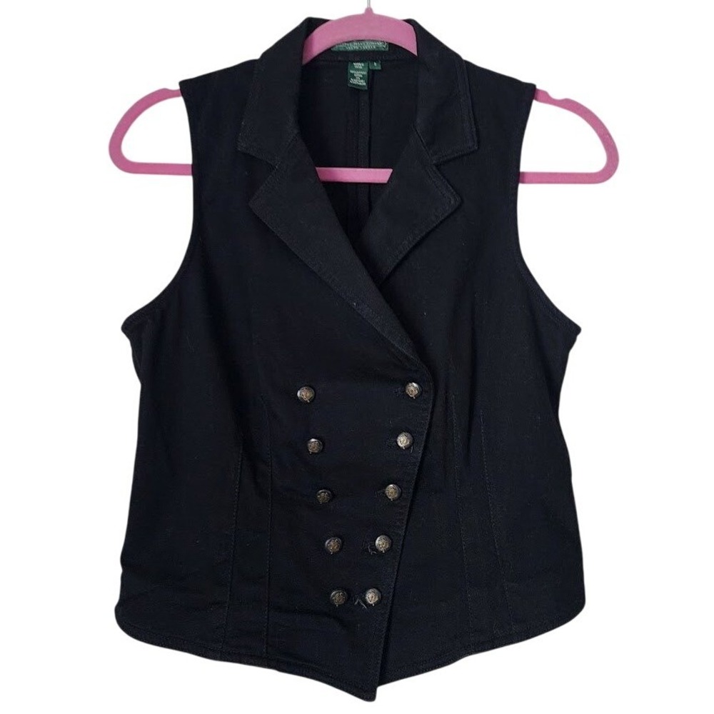 LAUREN JEANS CO Ralph Lauren Denim Vest Equestrian Buttons Black Belted Size S
